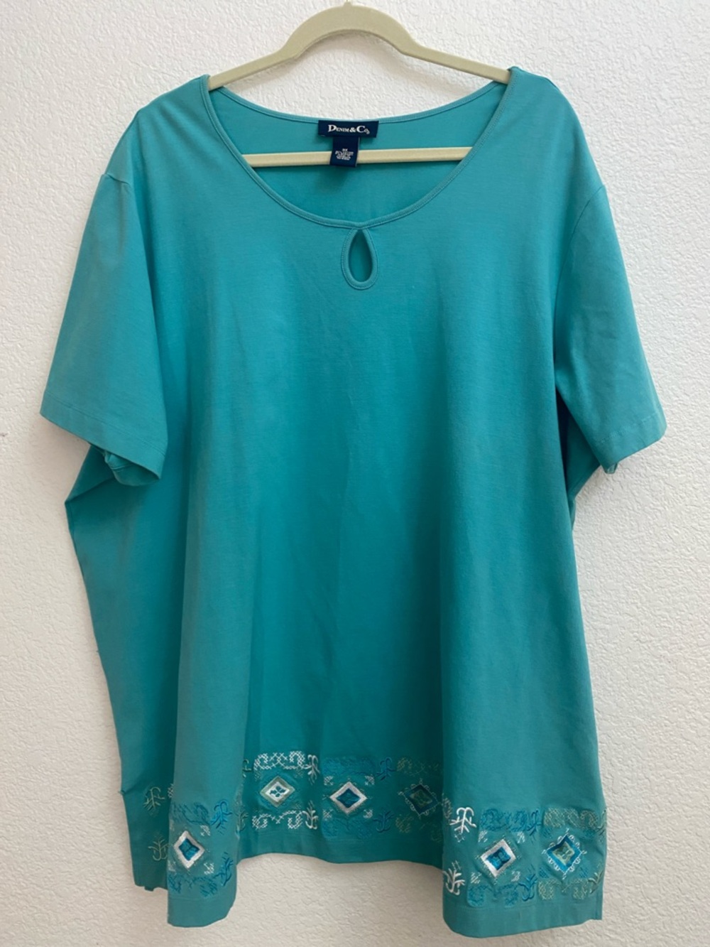Denim & Co. 3X Teal Embroidered Hem Keyhole Neck Top Plus Size Cotton Stretch